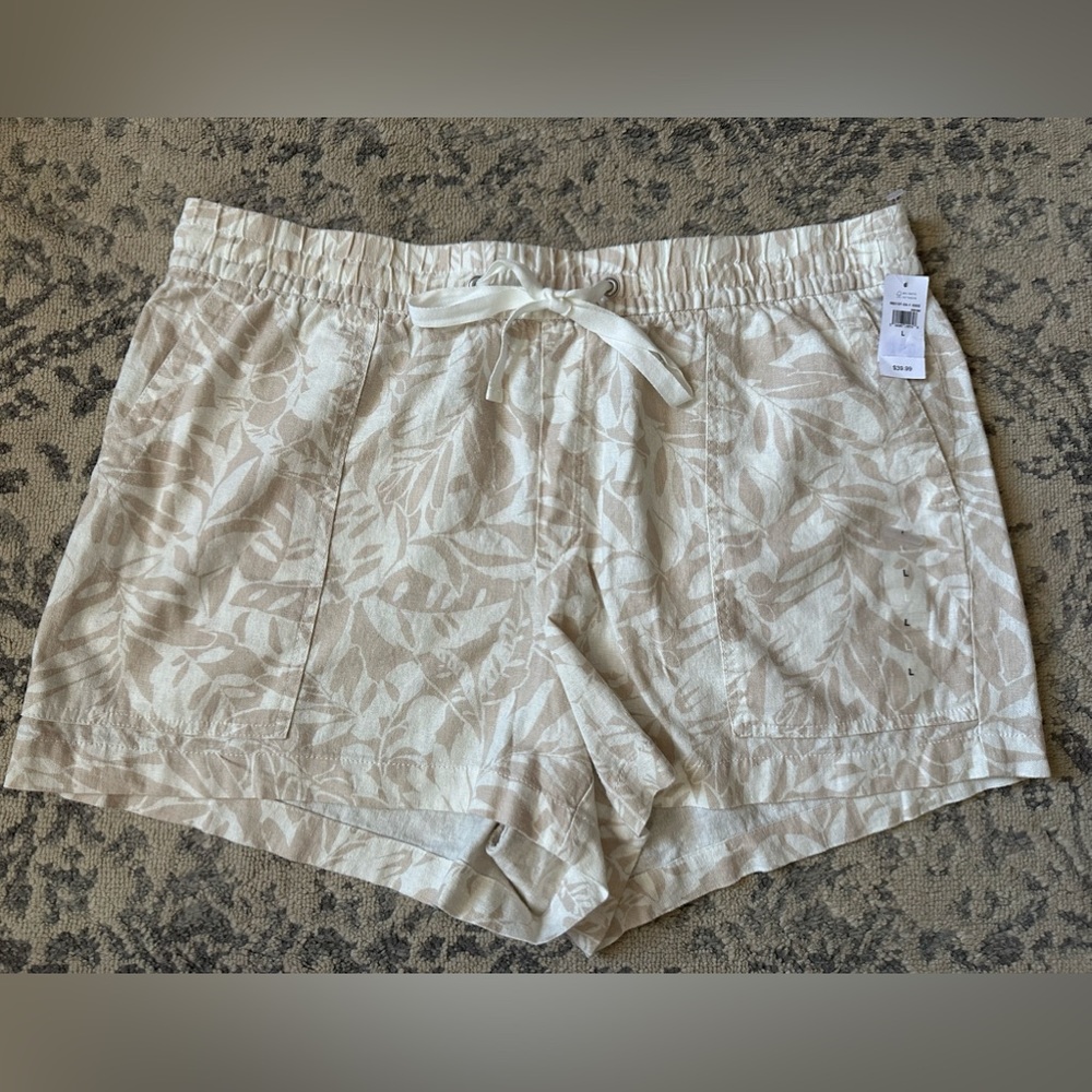Women’s Gap Size L Tan & White Tropical Print Draw String Linen Blend Shorts